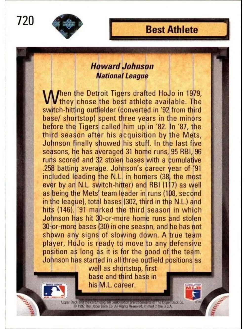 Howard Johnson 1992 Upper Deck MLB #720 Diamond Skills Baseball Card Mets